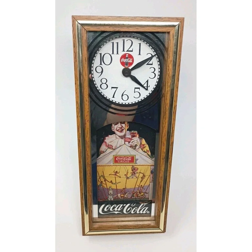 VGT 1994 Coca-Cola Coke Clown Wall Clock Wooden Case Battery Operated Art Deco